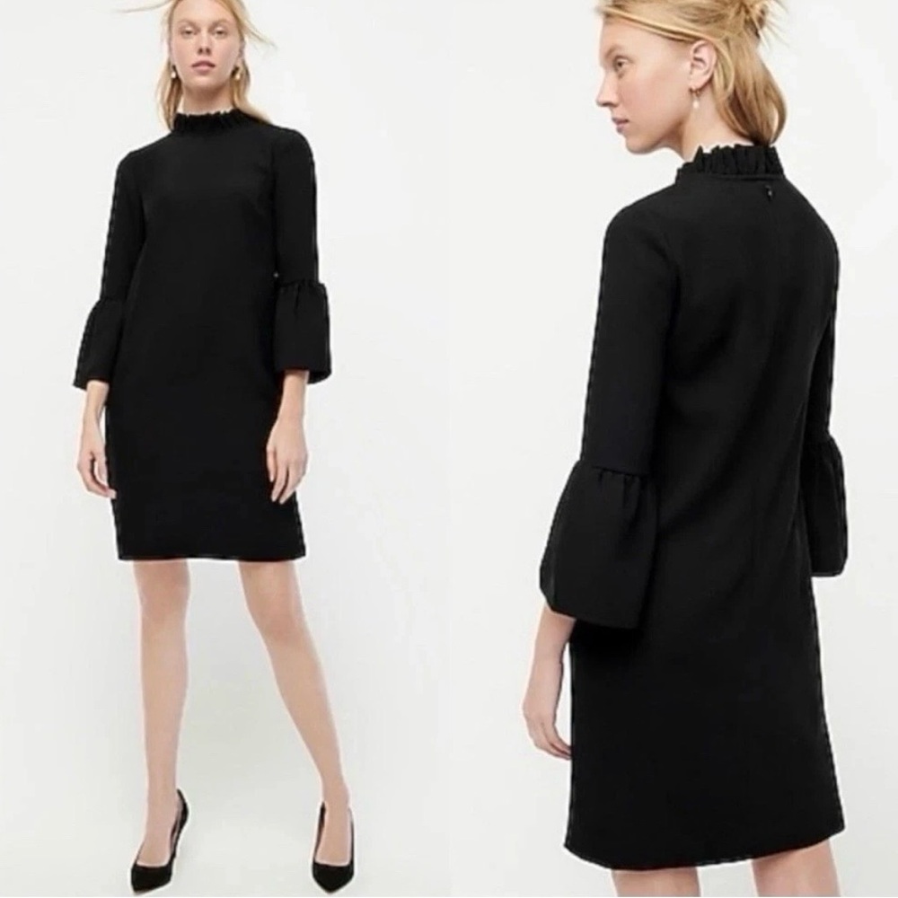 New J. Crew Women’s Black High Ruffle Neck Crepe Bell ¾ Slv. AK212 Shift Dress 4